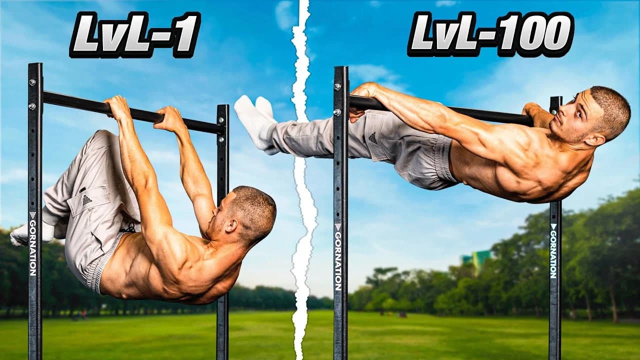 Daniel Hristov demonstrating a full front lever hold on a pull-up bar, body straight and parallel to the ground