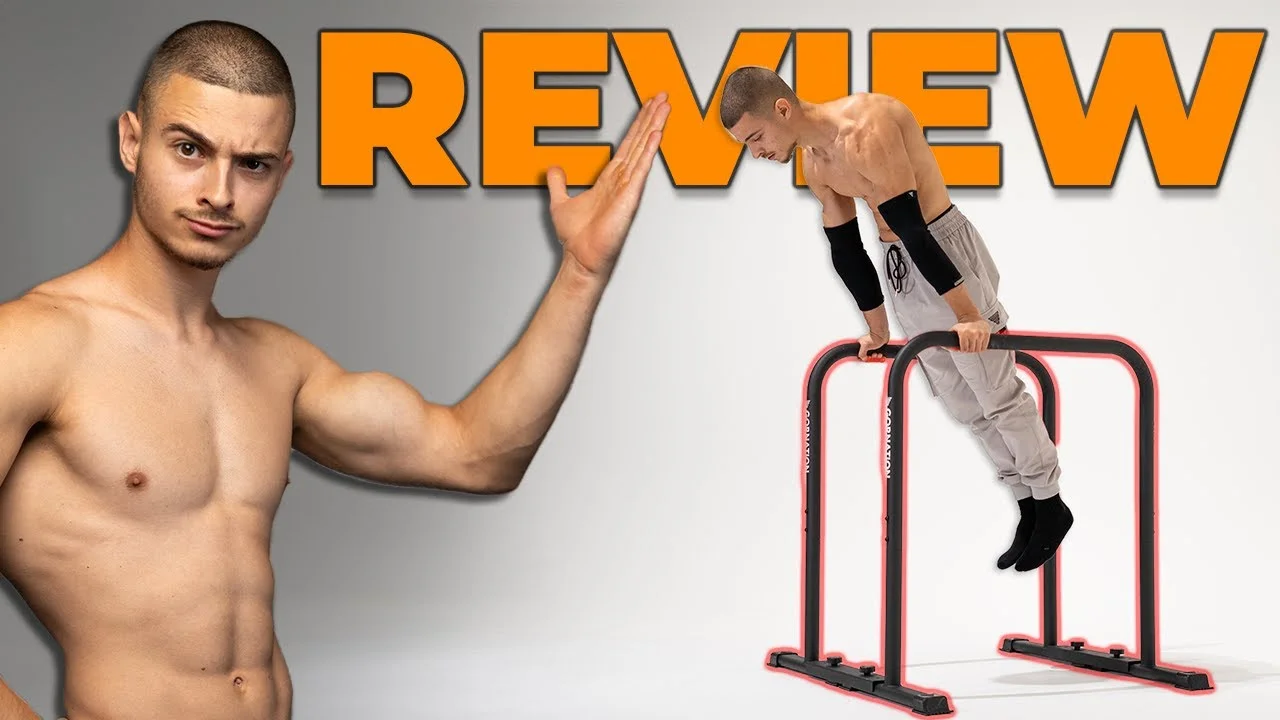 Daniel Hristov demonstrating dips on the adjustable GORNATION dip bars in his home gym