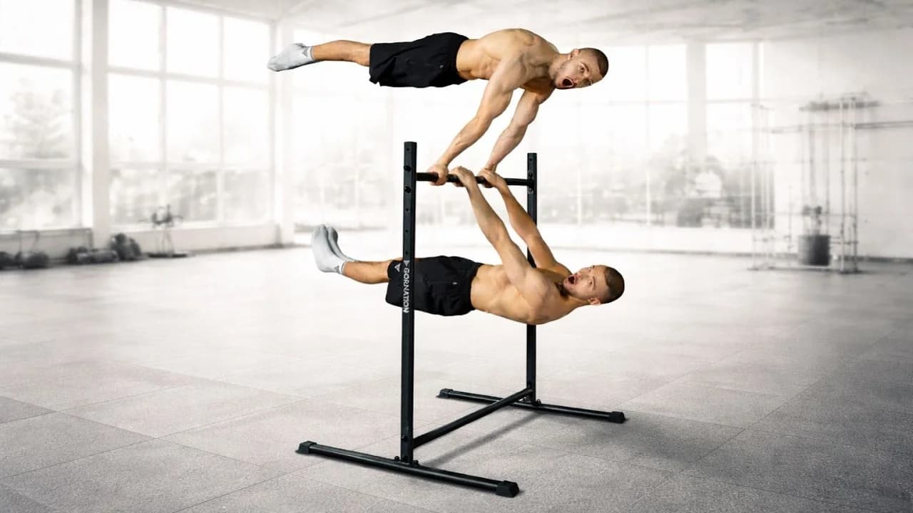 Daniel Hristov demonstrates a front lever hold on the Gornation Static Bar 2 during his equipment review