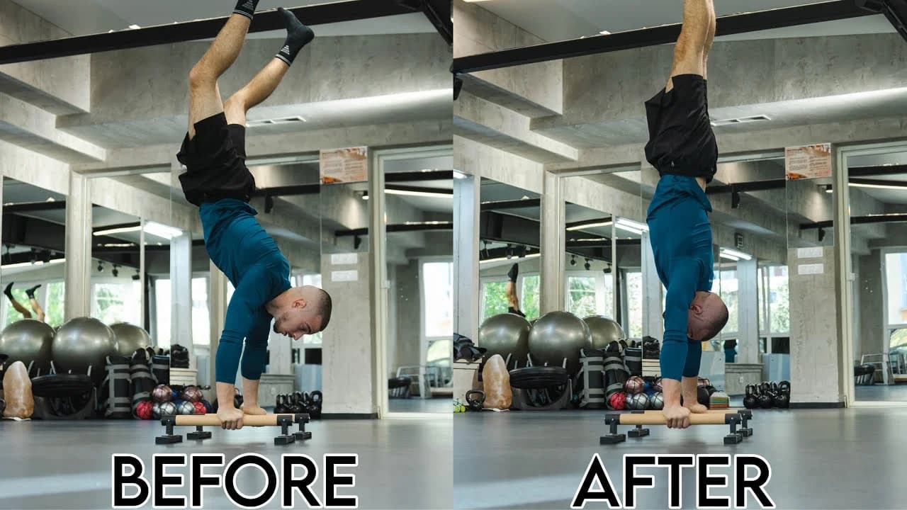 Daniel Hristov demonstrating a straight-arm handstand with legs together against a plain gym wall