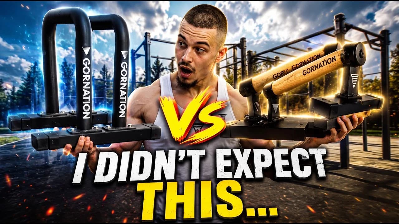 Daniel Hristov comparing a tall metal parallette bar next to a low wooden parallette bar on a gym floor