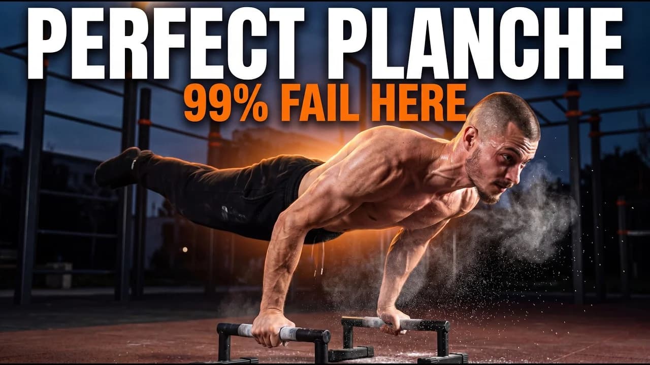 Daniel Hristov demonstrating a straight-arm planche hold with full scapula protraction on parallettes