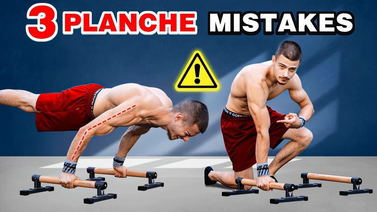 Daniel Hristov demonstrating a straight arm planche lean on parallettes, correcting common beginner elbow and shoulder mistakes
