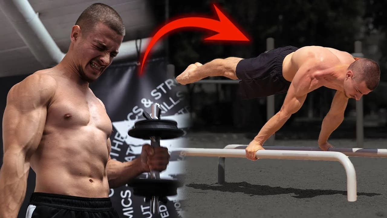Daniel Hristov demonstrating a straddle planche hold, illustrating why weight training alone cannot build static skills