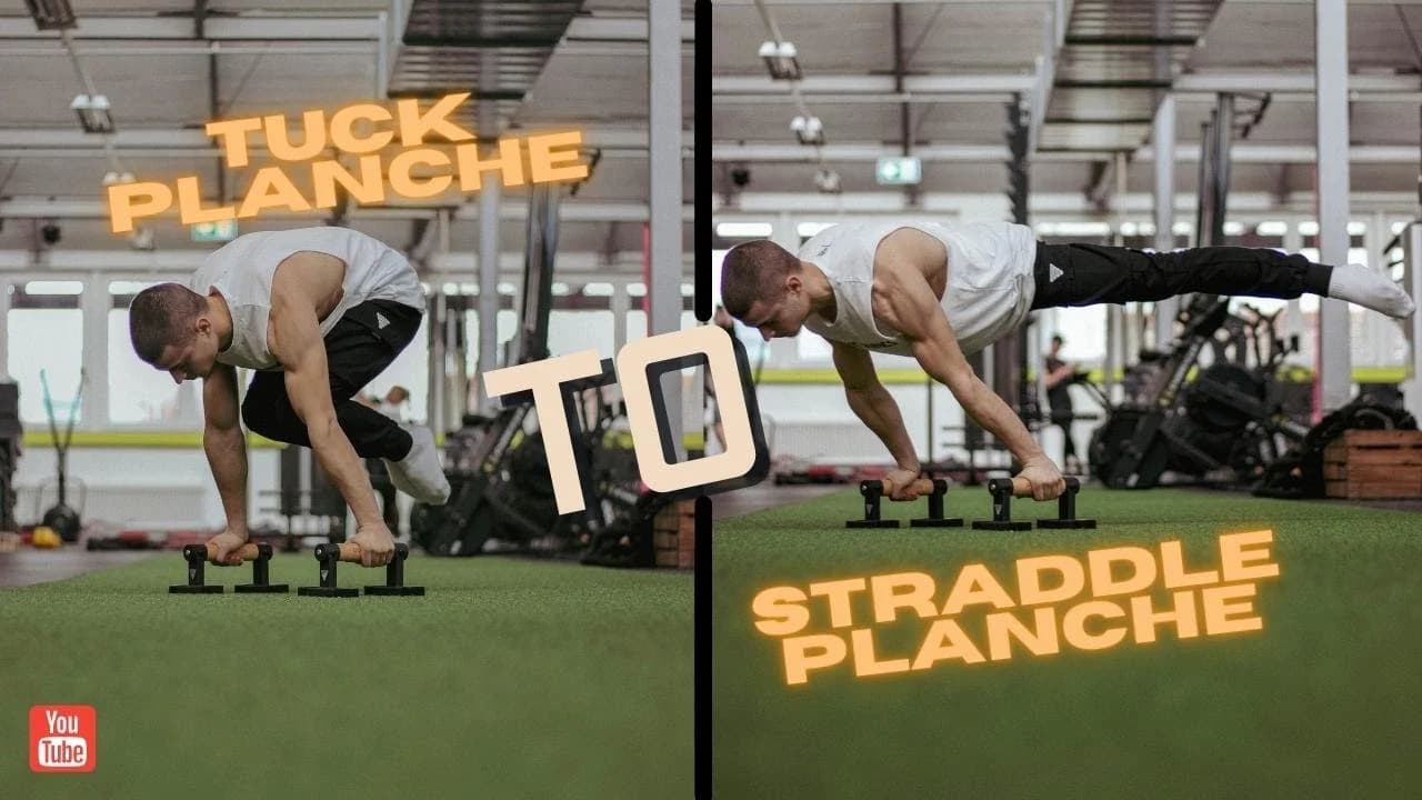 Daniel Hristov demonstrating a straddle planche hold, showing the open leg position and straight arm technique