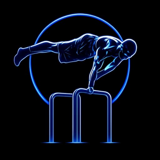 Daniel Hristov logo showing a neon-blue one-arm planche on parallettes inside a ring