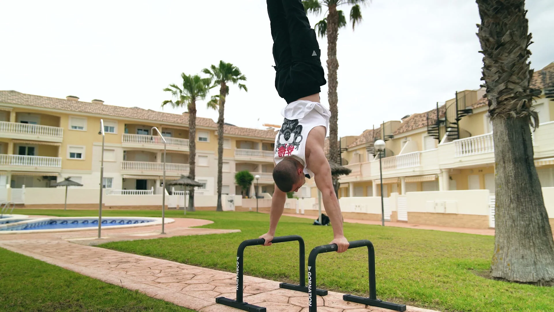 Daniel Hristov holding a handstand on the GORNATION metal parallettes with straight arms