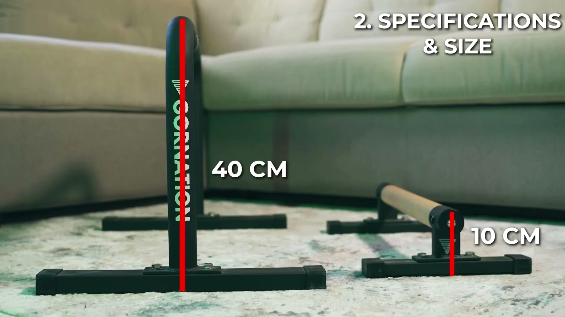 Side by side height comparison graphic showing the metal parallette at 40 centimeters and the wooden parallette at 10 centimeters