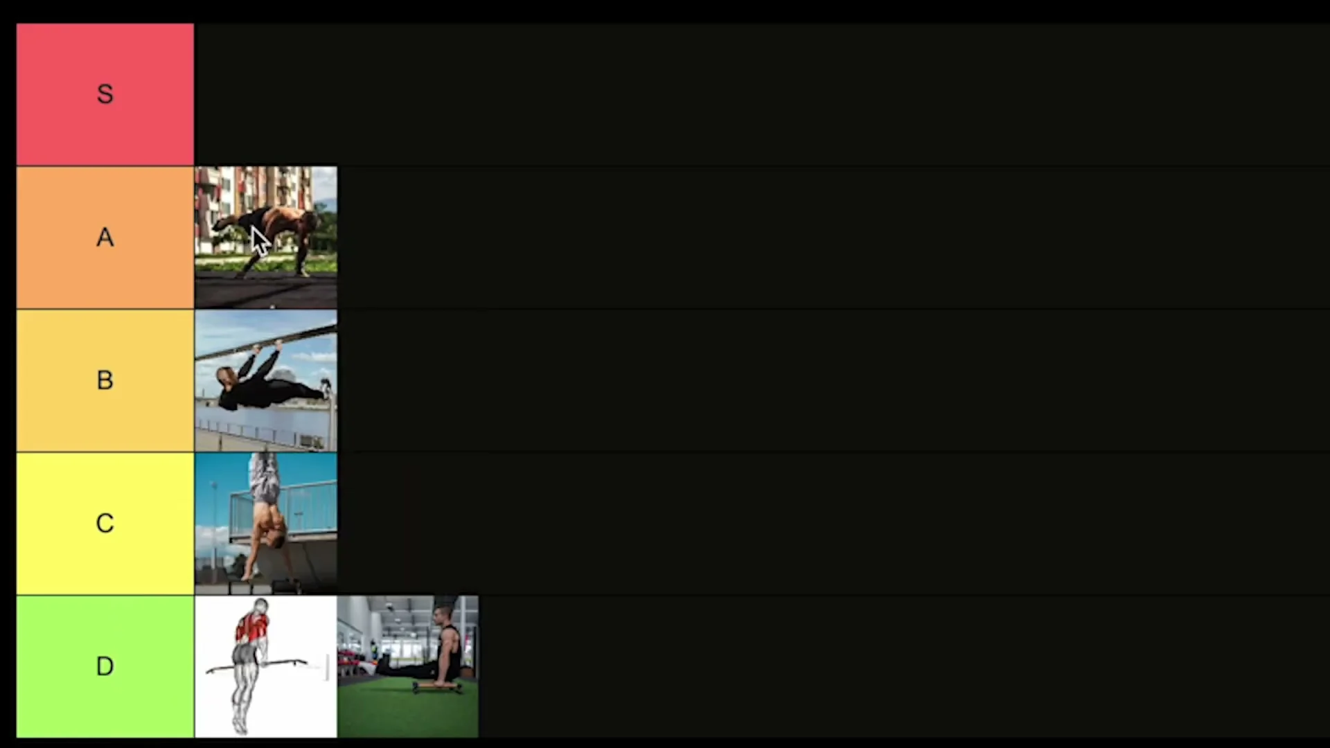 Daniel Hristov's D to A tier list ranking calisthenics skills, with thumbnail photos of each skill next to its tier