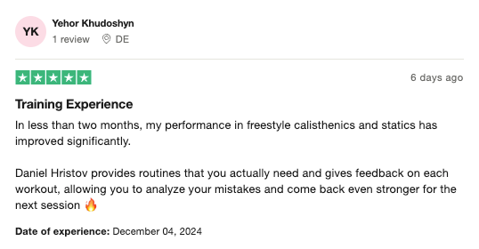 Calisthenics Coaching Review & testimonial 2