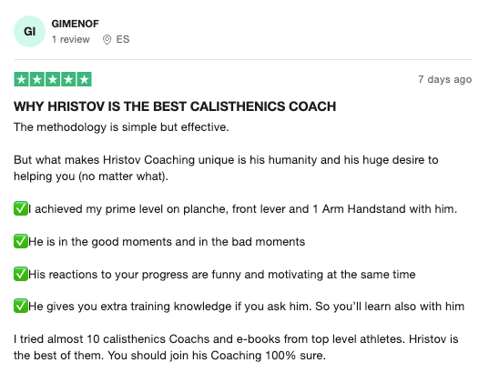 Calisthenics Coaching Review & testimonial